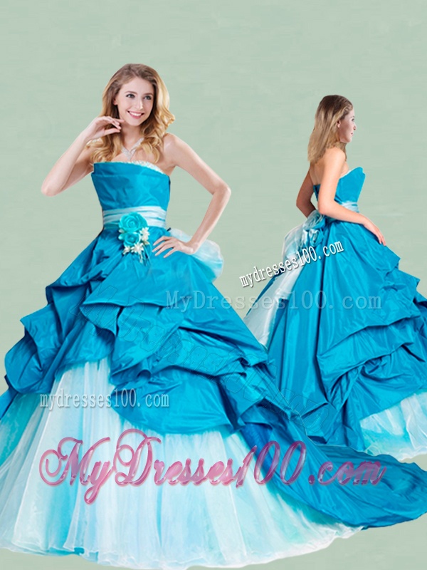 Beautiful Handcrafted Flowers and Ruffled Strapless Quinceanera Dress with Brush Train
