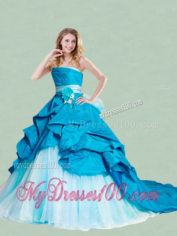 Beautiful Handcrafted Flowers and Ruffled Strapless Quinceanera Dress with Brush Train