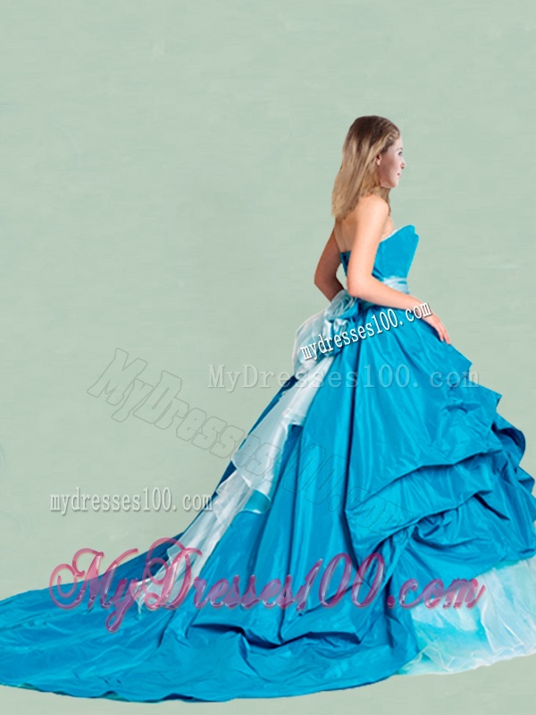 Beautiful Handcrafted Flowers and Ruffled Strapless Quinceanera Dress with Brush Train
