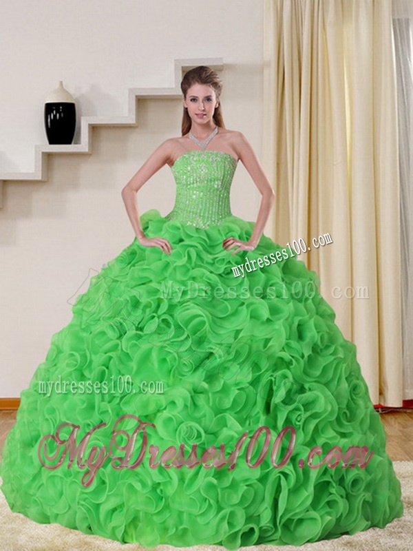 Cheap Strapless Spring Green Quinceanera Dress with Beading and Ruffles