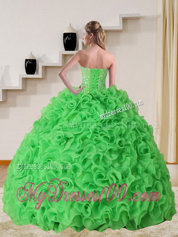 Cheap Strapless Spring Green Quinceanera Dress with Beading and Ruffles