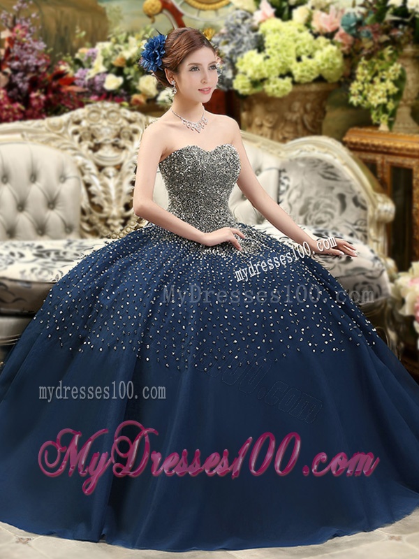 Classical Beaded Bodice Sweet 16 Dress in Navy Blue