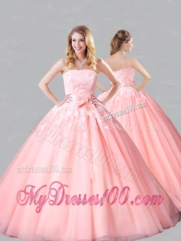 Classical Court Train Belted and Applique Sweet 16 Dress in Baby Pink