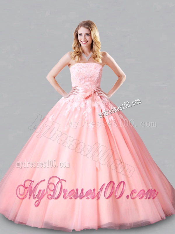 Classical Court Train Belted and Applique Sweet 16 Dress in Baby Pink