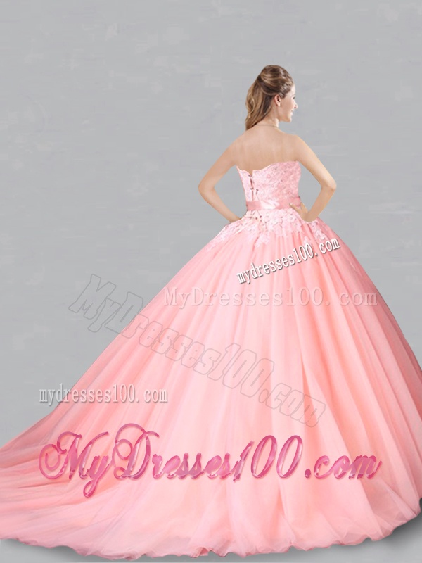 Classical Court Train Belted and Applique Sweet 16 Dress in Baby Pink