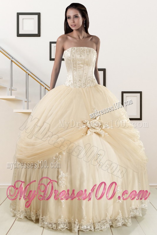 Custom Made Appliques and Hand Made Flower Champagne Quince Dresses