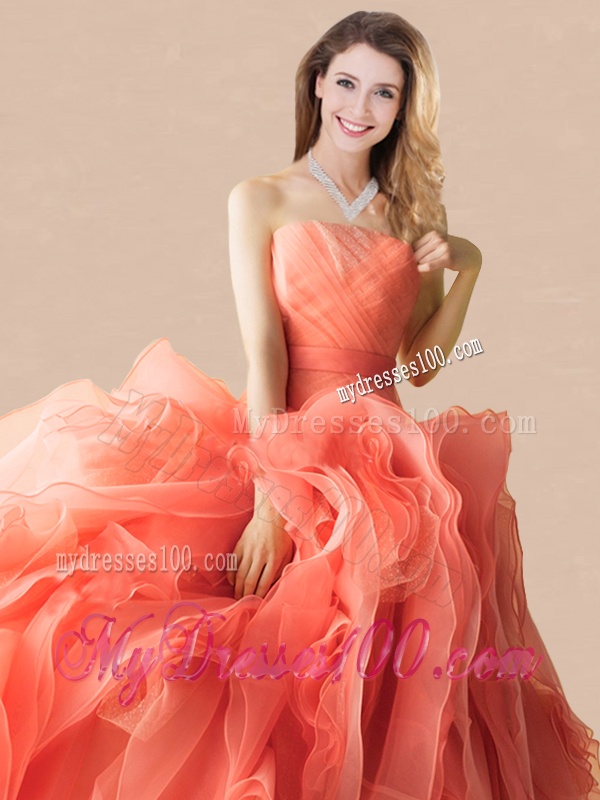 Exclusive Rolling Flowers Orange Red Quinceanera Dress with Brush Train