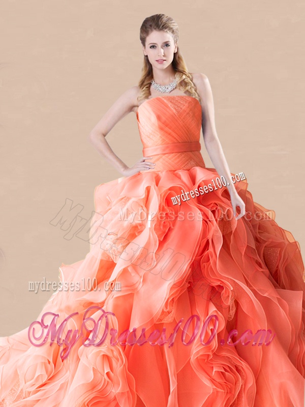 Exclusive Rolling Flowers Orange Red Quinceanera Dress with Brush Train