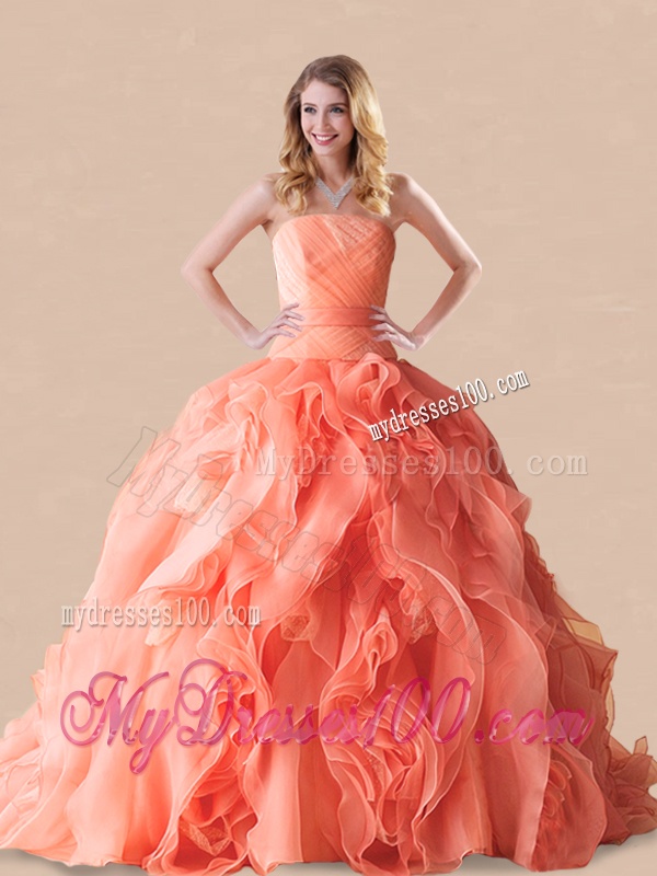 Exclusive Rolling Flowers Orange Red Quinceanera Dress with Brush Train