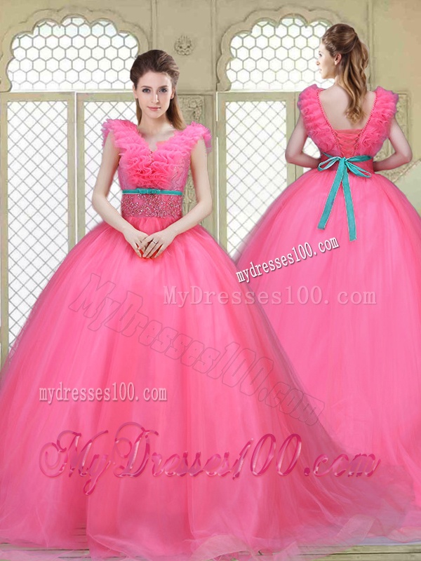 Fashionable Brush Train Quinceanera Dresses in Hot Pink