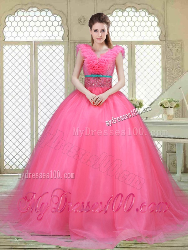 Fashionable Brush Train Quinceanera Dresses in Hot Pink