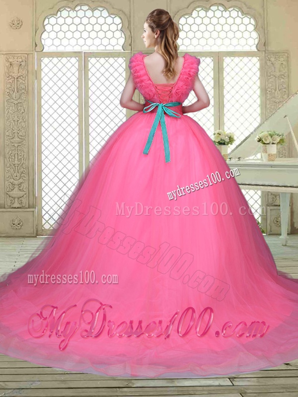 Fashionable Brush Train Quinceanera Dresses in Hot Pink