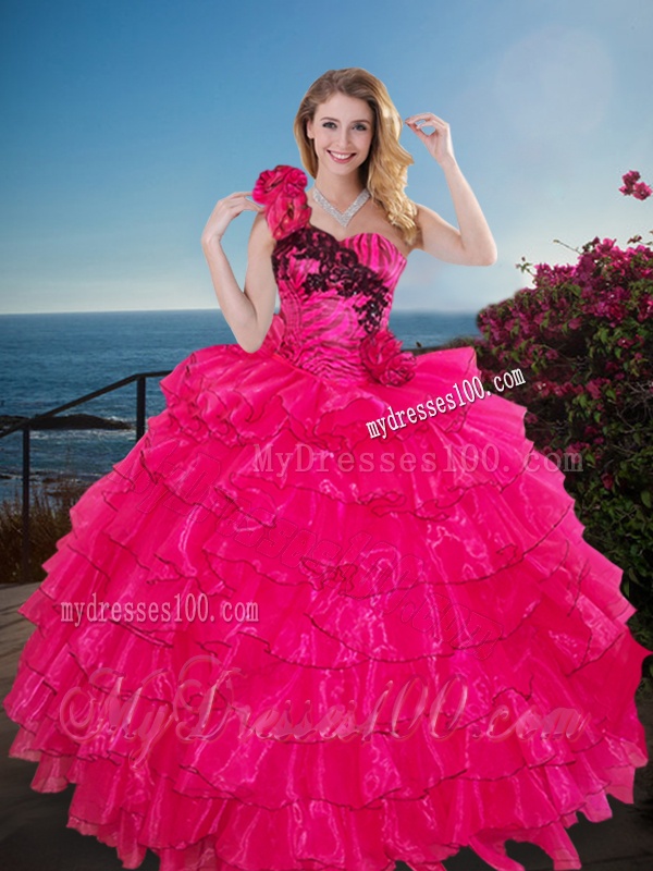 Fashionable One Shoulder Sweet 16 Gown with Ruffled Layers and Handmade Flowers