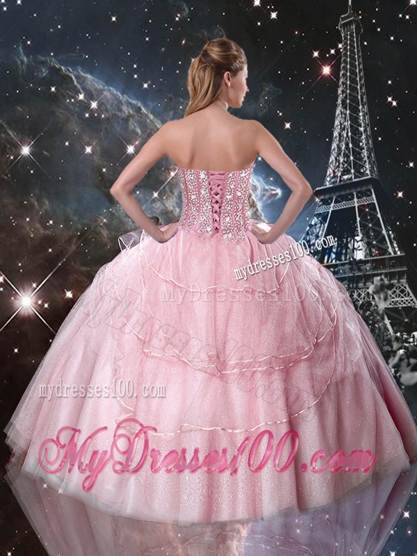 Feminine Rose Pink Sweet 16 Dresses with Beading and Bowknot