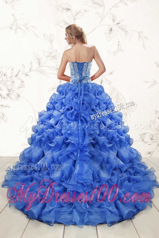 Hot Sale Beaded Royal Blue Sweet 15 Dresses with Sweep Train