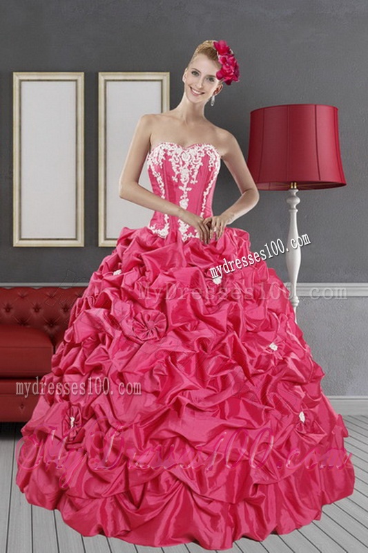 Inexpensive Hot Pink Dresses for Quince with Pick Ups and Appliques