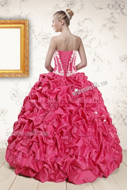 Inexpensive Hot Pink Dresses for Quince with Pick Ups and Appliques