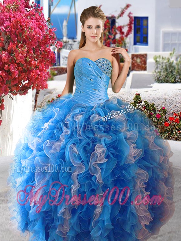 Luxurious Beaded and Ruffled Organza Quinceanera Dress in Blue and White