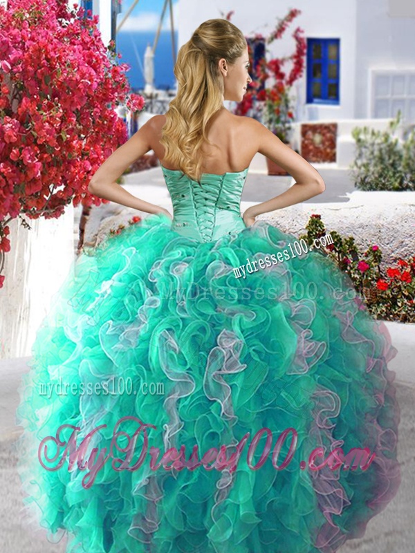 Luxurious Beaded and Ruffled Organza Quinceanera Dress in Blue and White