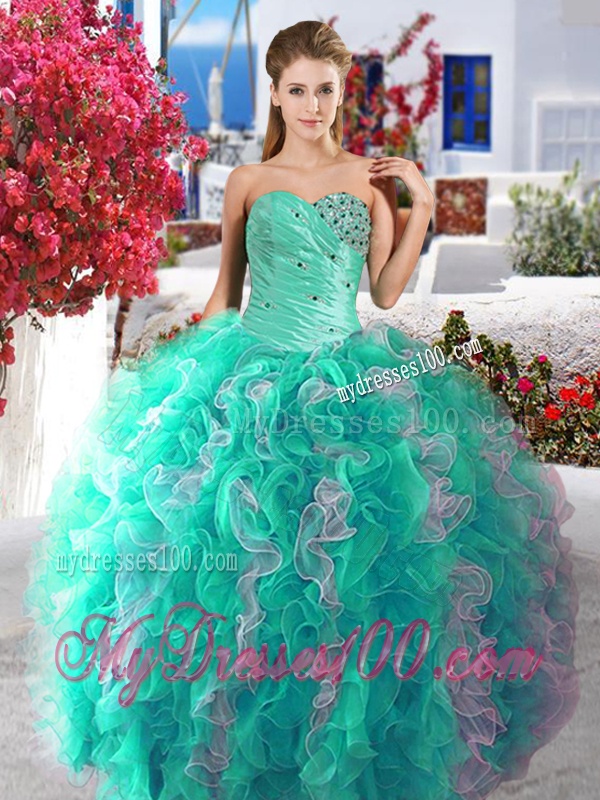Luxurious Beaded and Ruffled Organza Quinceanera Dress in Blue and White