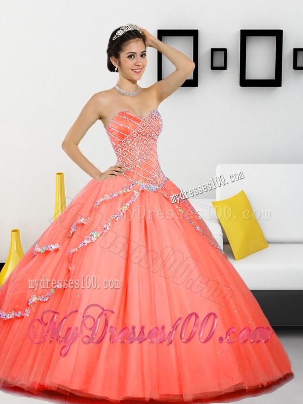 Luxurious Beading Sweetheart 2016 Quinceanera Gown in Orange Red