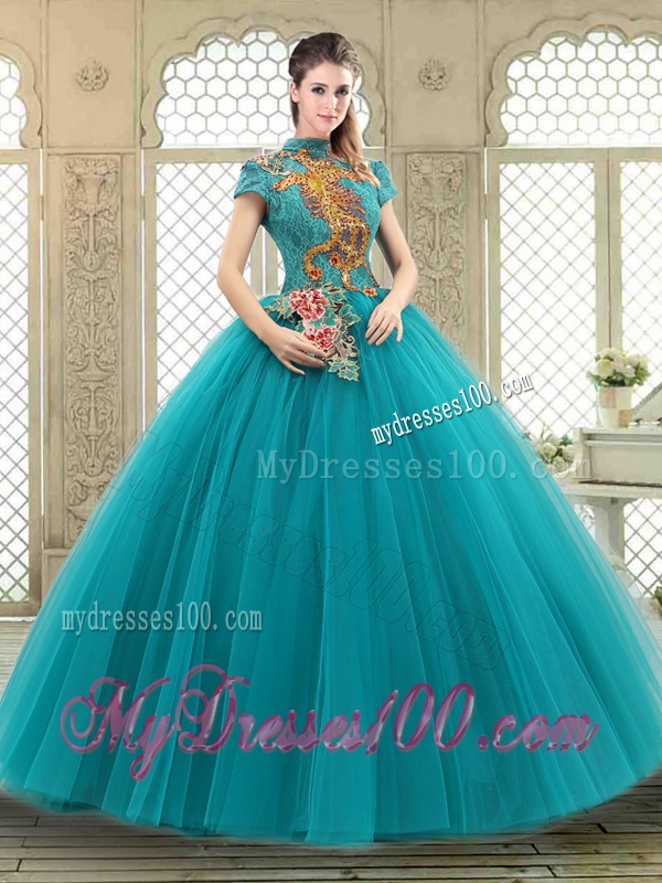 Luxurious High Neck Appliques Sweet 16 Dresses with Short Sleeves