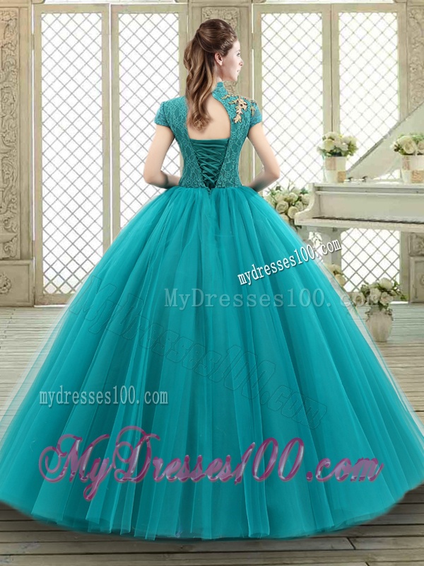 Luxurious High Neck Appliques Sweet 16 Dresses with Short Sleeves