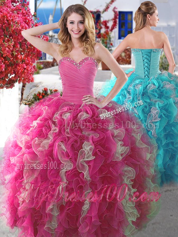 New Arrivals Beaded and Ruffled Quinceanera Gown in Hot Pink and Champagne