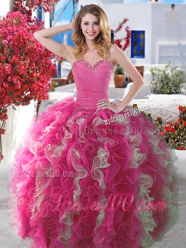 New Arrivals Beaded and Ruffled Quinceanera Gown in Hot Pink and Champagne