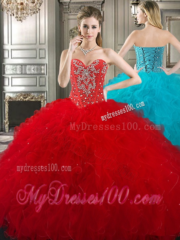 New Style Red Tulle Sweet 16 Dress with Beading and Ruffles