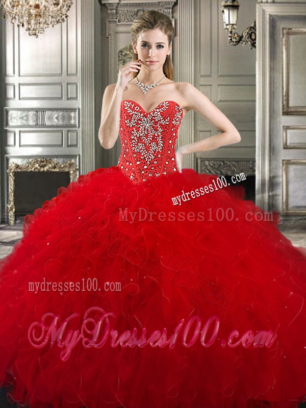 New Style Red Tulle Sweet 16 Dress with Beading and Ruffles