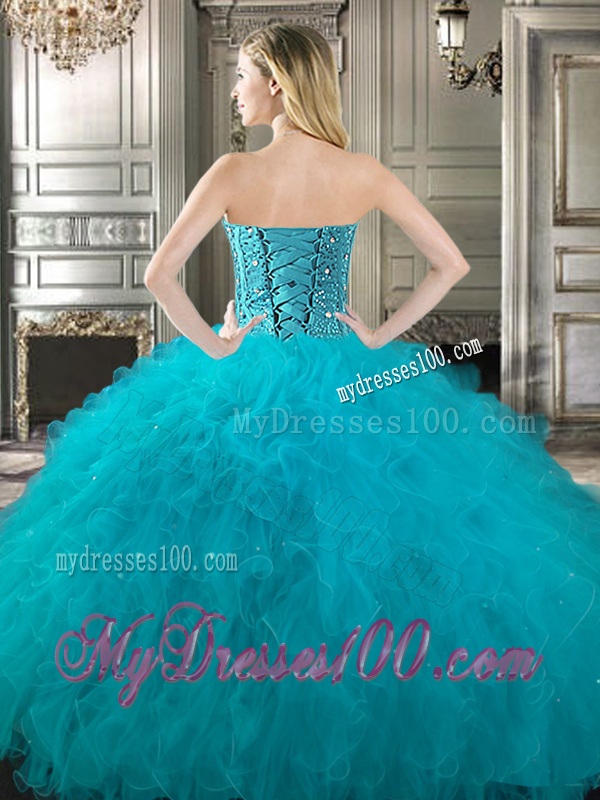 New Style Red Tulle Sweet 16 Dress with Beading and Ruffles