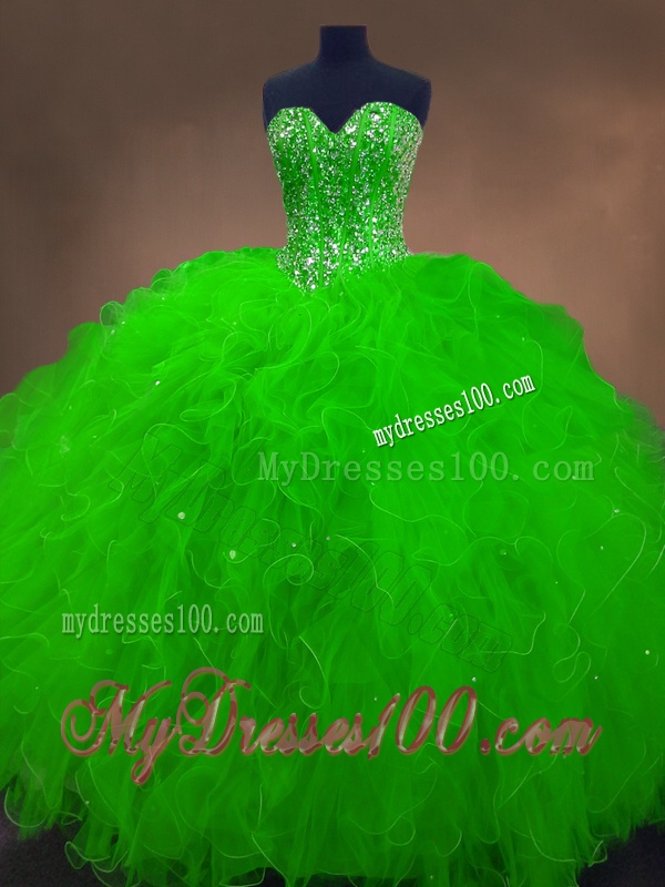Perfect Beaded Spring Green Sweet 16 Gowns with Ruffles