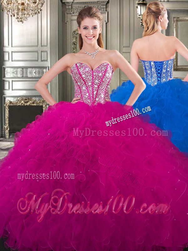 Popular Beaded and Ruffled Big Puffy Sweet 16 Dress in Fuchsia