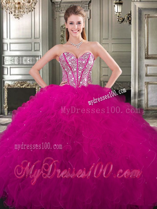 Popular Beaded and Ruffled Big Puffy Sweet 16 Dress in Fuchsia