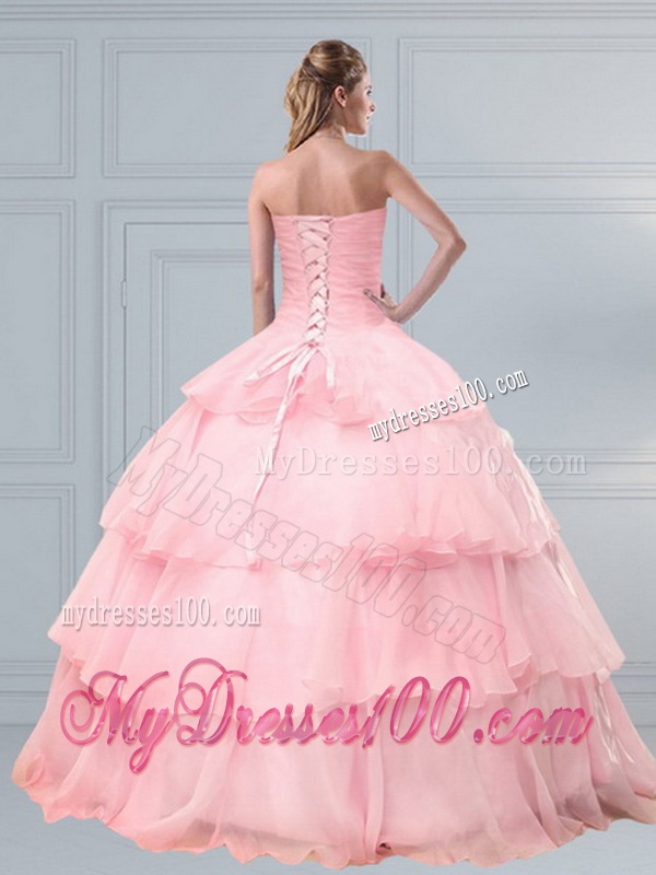 Popular Pink Sweetheart Beaded Quinceanera Dresses with Ruffled Layers