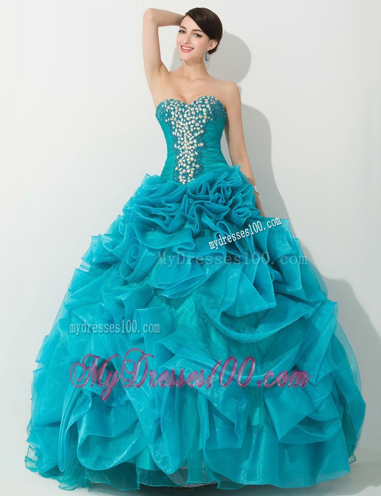 Princess Teal Sweet 16 Dress with Beading and Rolling Flowers