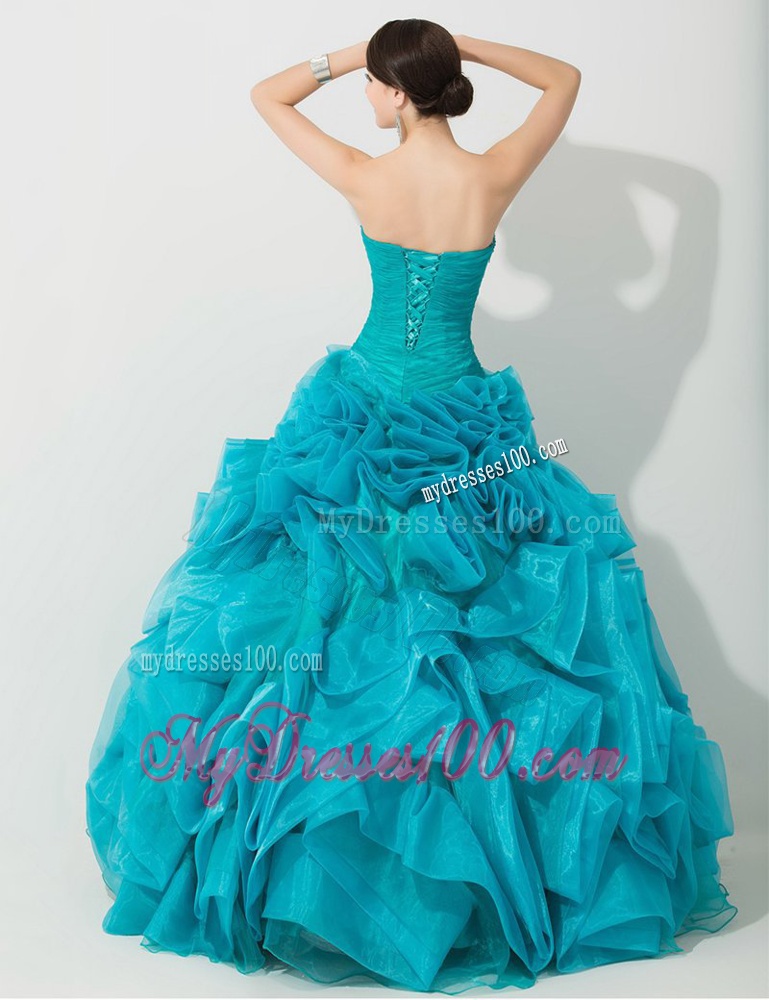 Princess Teal Sweet 16 Dress with Beading and Rolling Flowers