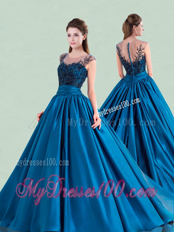 See Through Scoop Brush Train Quinceanera Dress with Cap Sleeves