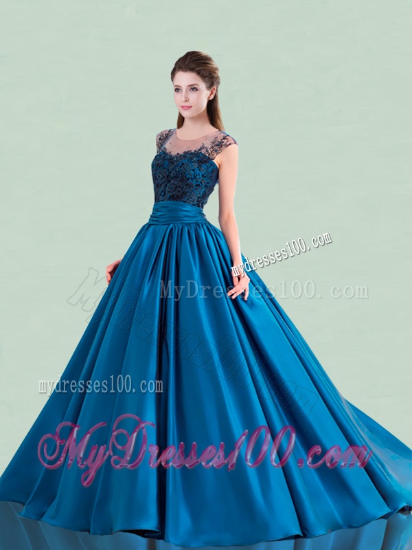 See Through Scoop Brush Train Quinceanera Dress with Cap Sleeves