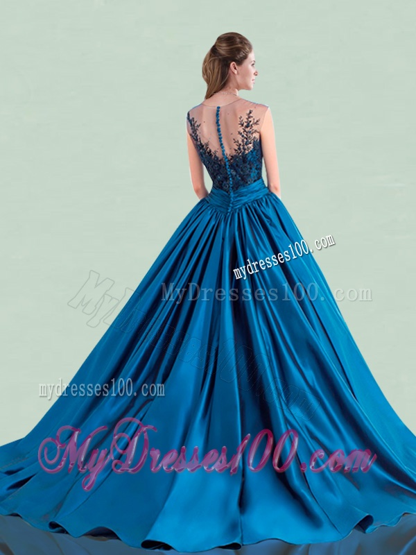 See Through Scoop Brush Train Quinceanera Dress with Cap Sleeves