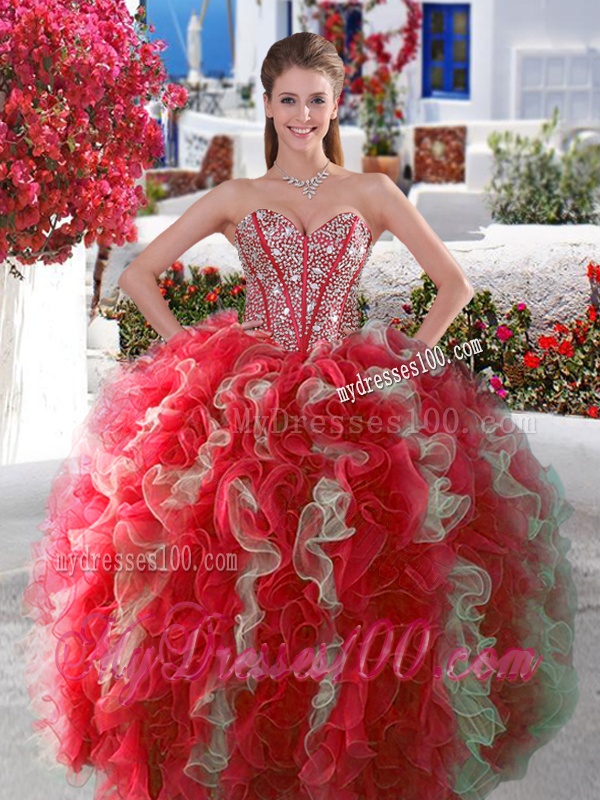 Visible Boning Beaded and Ruffled Quinceanera Gown in Red and White