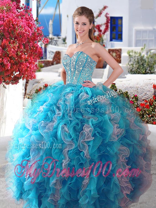 Visible Boning Beaded and Ruffled Quinceanera Gown in Red and White
