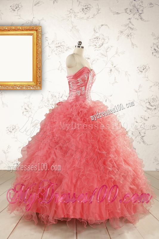 Watermelon Red Exquisite Quinceanera Dresseswith Appliques and Ruffles