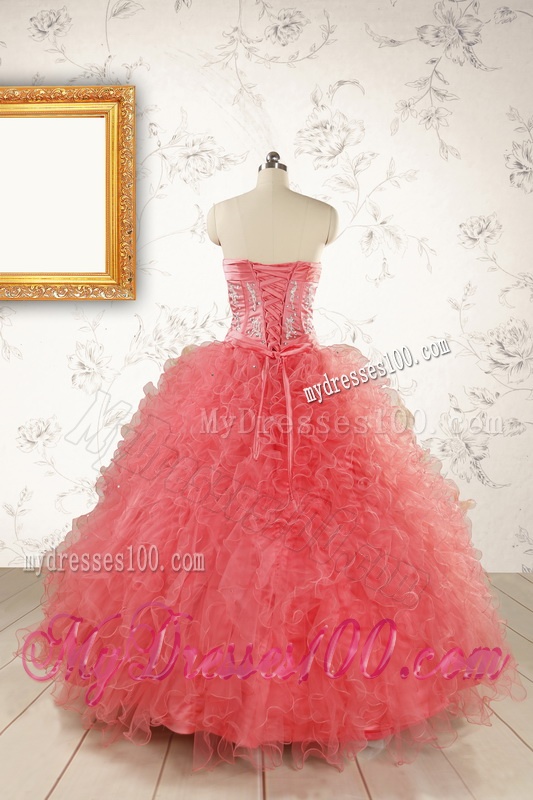 Watermelon Red Exquisite Quinceanera Dresseswith Appliques and Ruffles