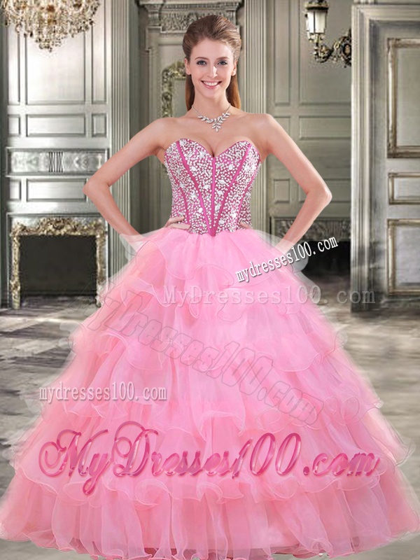 Wonderful Rose Pink Sweet 16 Dress with Beading and Ruffled Layers