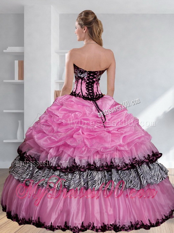 Zebra Printed Strapless Quinceanera Dress with Pick Ups and Embroidery