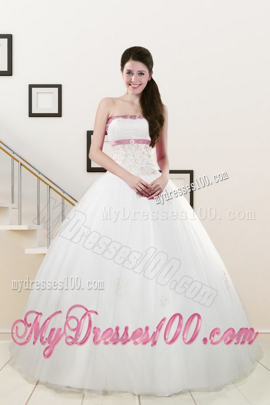 2016 Discount Strapless Appliques and Belt Quinceanera Dresses in White