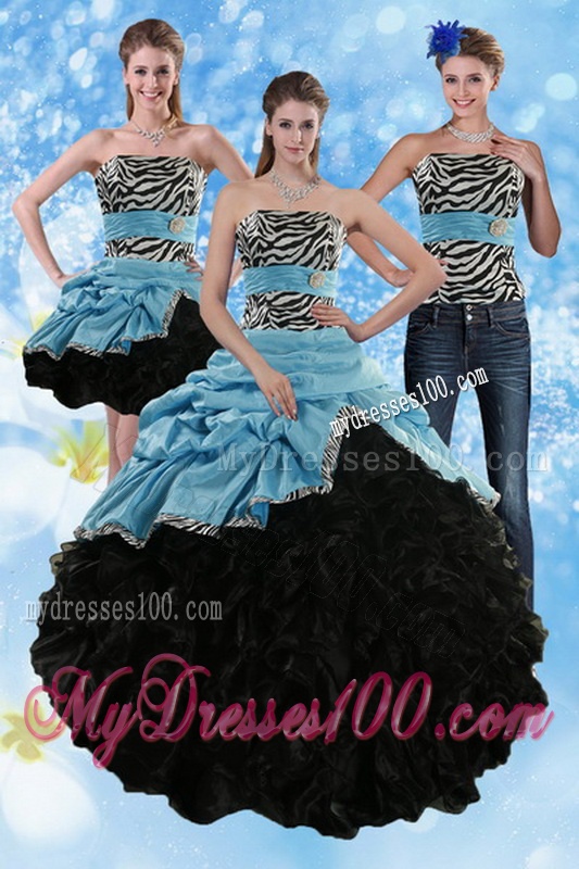 Zebra Print Strapless Multi Color Sweet 15 Dresses with Ruffles and Pick Ups