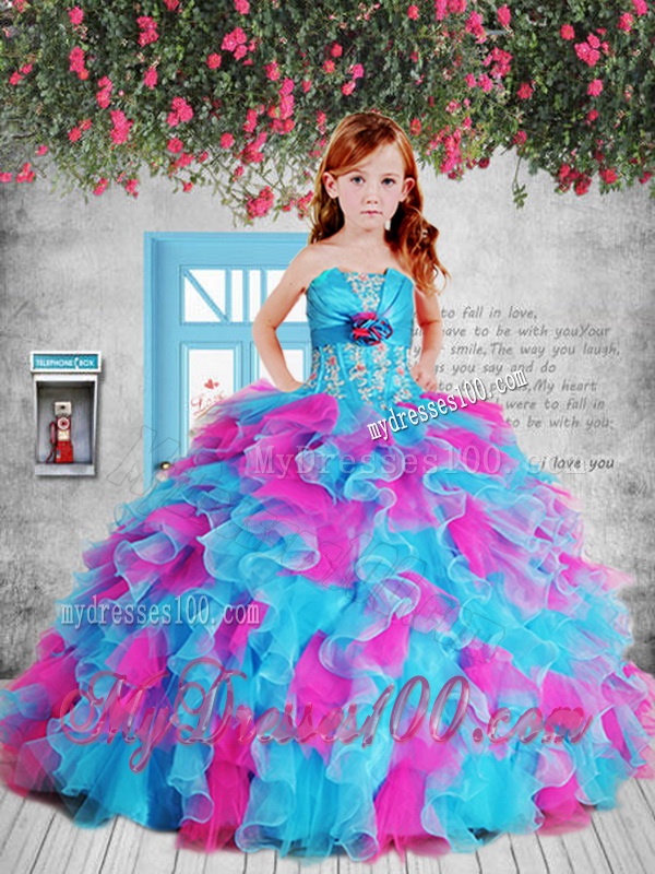 Appliques Pink and Blue Litttle Girl Pageant Dress with Hand Made Flower and Ruffles